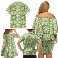 Omaomao Palaka Quilt Hawaii Family Matching Off Shoulder Short Dress and Hawaiian Shirt Hawaiian Tropical Monstera Sea Turtle