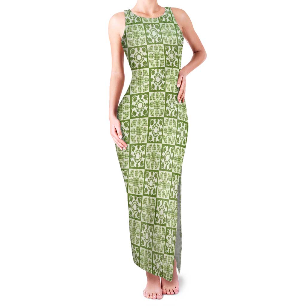 Omaomao Palaka Quilt Hawaii Family Matching Tank Maxi Dress and Hawaiian Shirt Hawaiian Tropical Monstera Sea Turtle LT14 Mom's Dress Green - Polynesian Pride
