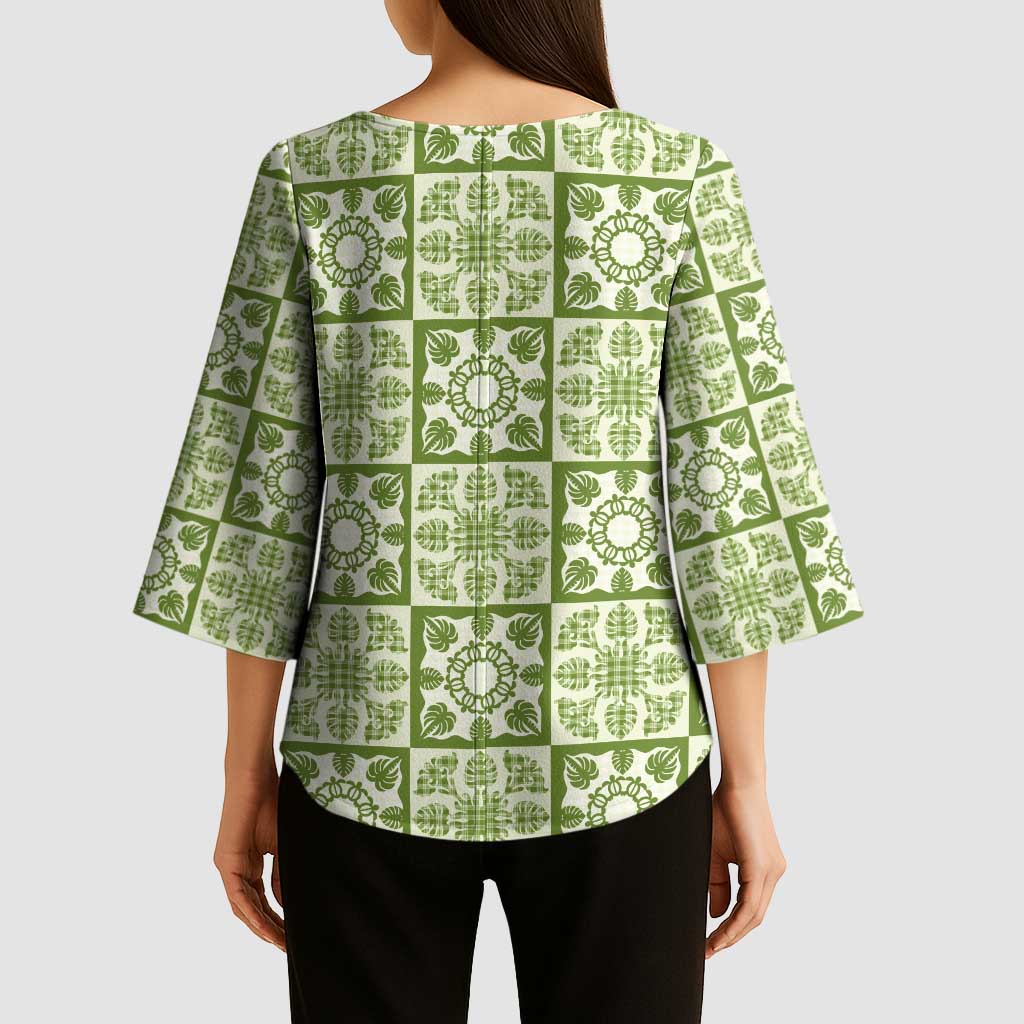 Omaomao Palaka Quilt Hawaii Kimono Sleeve Blouse Hawaiian Tropical Monstera Sea Turtle LT14 - Polynesian Pride
