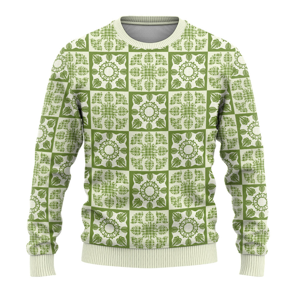 Omaomao Palaka Quilt Hawaii Ugly Christmas Sweater Hawaiian Tropical Monstera Sea Turtle