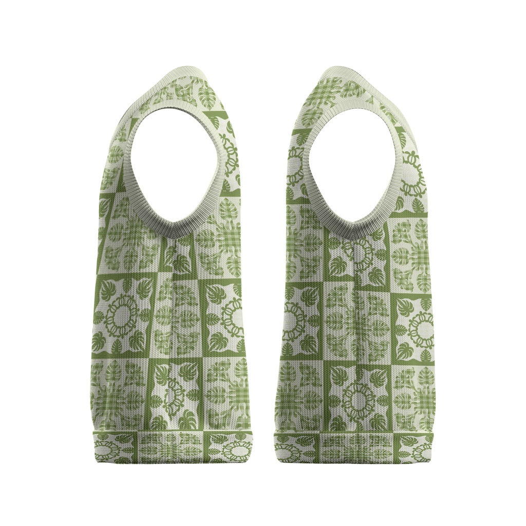 Omaomao Palaka Quilt Hawaii Christmas Knitted V-Neck Vest Hawaiian Tropical Monstera Sea Turtle