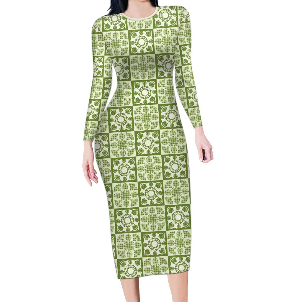 Omaomao Palaka Quilt Hawaii Long Sleeve Bodycon Dress Hawaiian Tropical Monstera Sea Turtle LT14 Long Dress Green - Polynesian Pride
