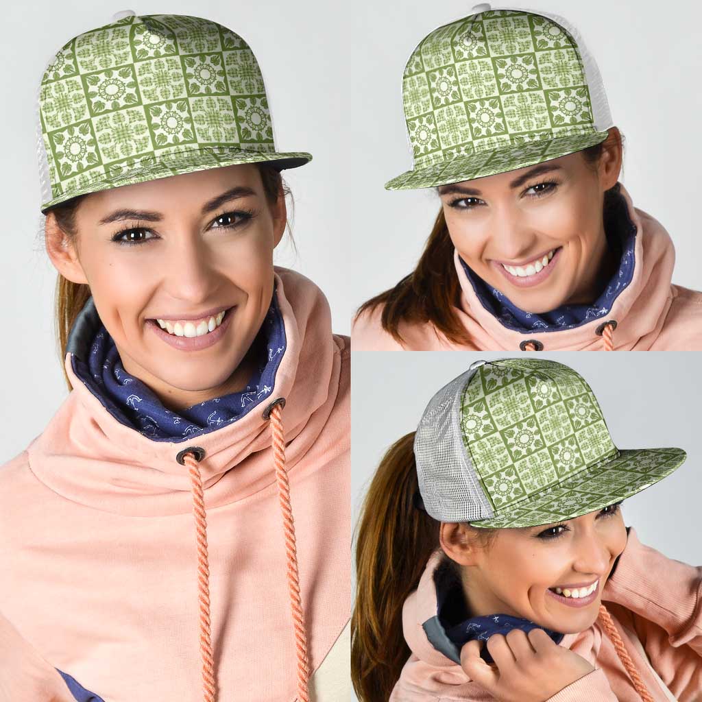 Omaomao Palaka Quilt Hawaii Mesh Trucker Cap Hawaiian Tropical Monstera Sea Turtle LT14 - Polynesian Pride