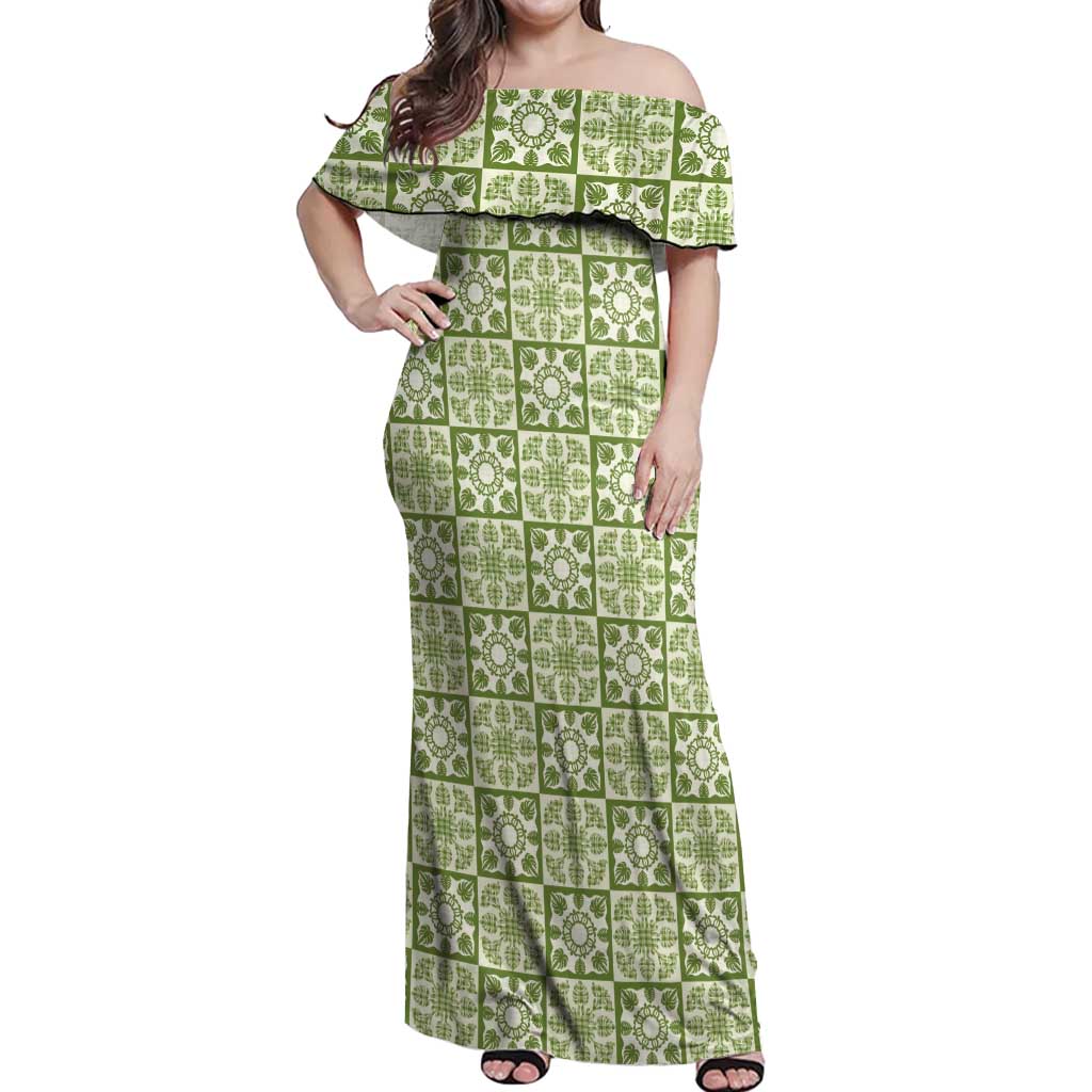 Omaomao Palaka Quilt Hawaii Off Shoulder Maxi Dress Hawaiian Tropical Monstera Sea Turtle LT14 Women Green - Polynesian Pride