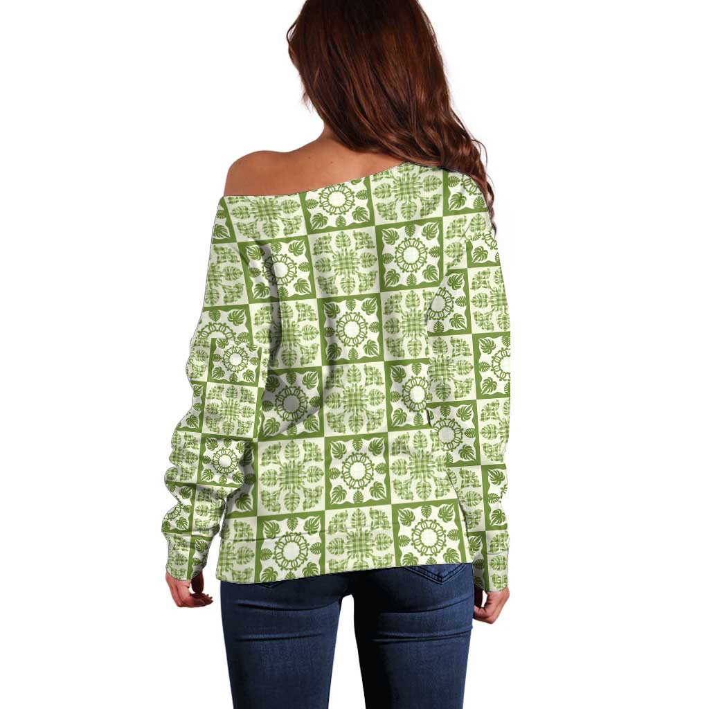 Omaomao Palaka Quilt Hawaii Off Shoulder Sweater Hawaiian Tropical Monstera Sea Turtle LT14 - Polynesian Pride