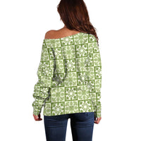 Omaomao Palaka Quilt Hawaii Off Shoulder Sweater Hawaiian Tropical Monstera Sea Turtle LT14 - Polynesian Pride