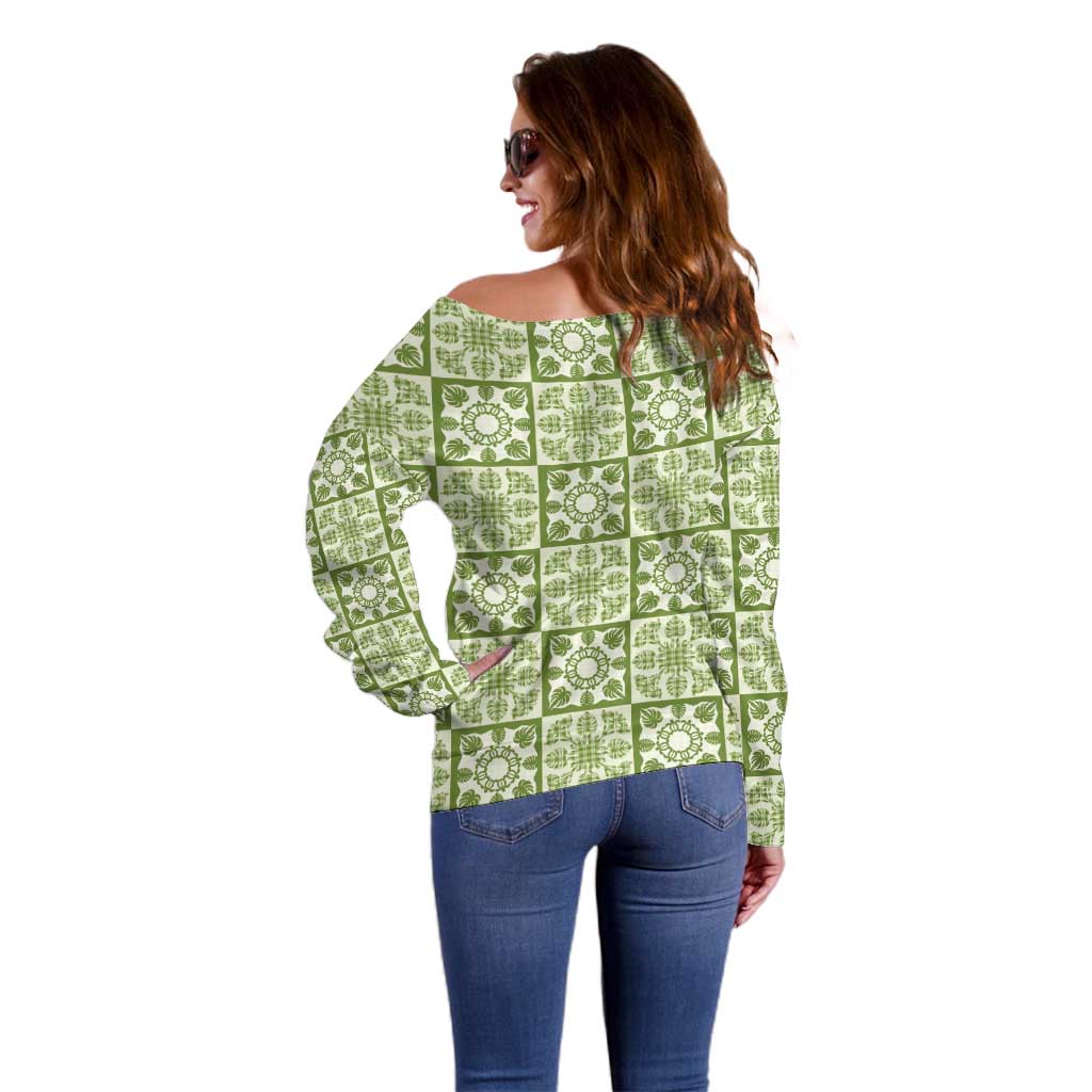 Omaomao Palaka Quilt Hawaii Off Shoulder Sweater Hawaiian Tropical Monstera Sea Turtle LT14 - Polynesian Pride