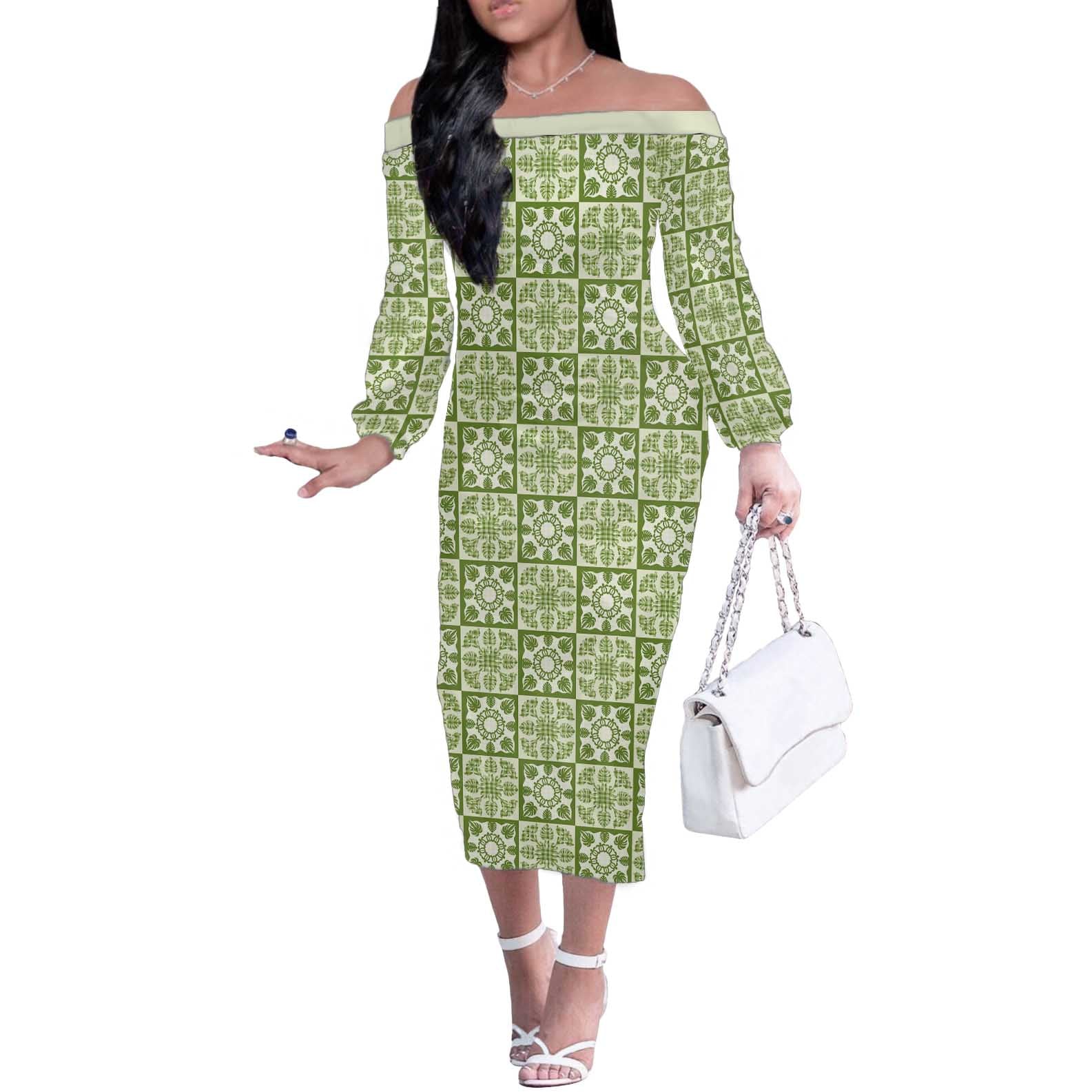 Omaomao Palaka Quilt Hawaii Off The Shoulder Long Sleeve Dress Hawaiian Tropical Monstera Sea Turtle