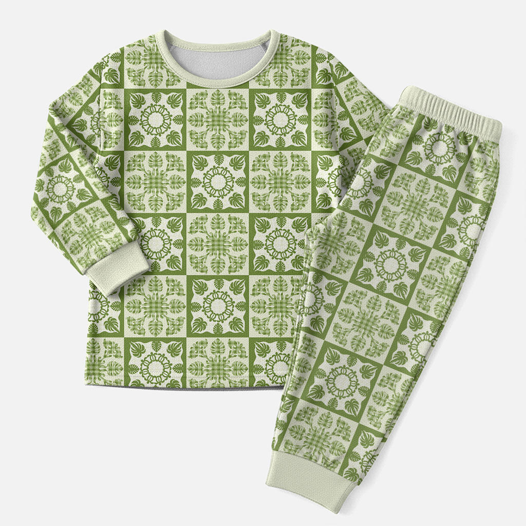 Omaomao Palaka Quilt Hawaii Christmas Pajama Set Hawaiian Tropical Monstera Sea Turtle