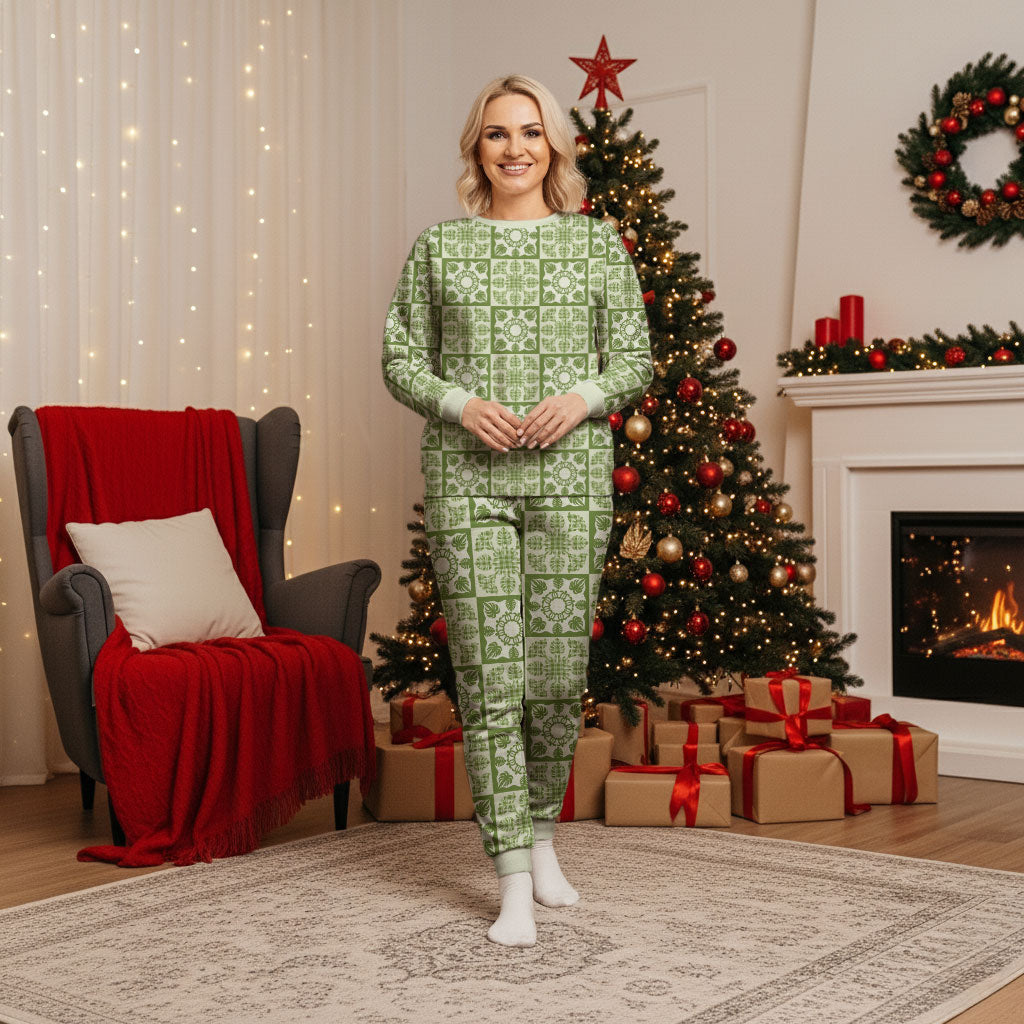 Omaomao Palaka Quilt Hawaii Christmas Pajama Set Hawaiian Tropical Monstera Sea Turtle