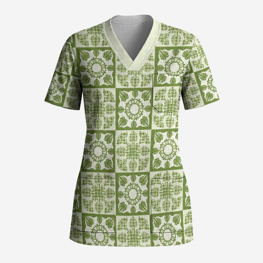 Omaomao Palaka Quilt Hawaii Scrub Top Hawaiian Tropical Monstera Sea Turtle LT14 Adult Green - Polynesian Pride