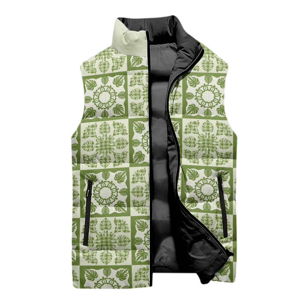 Omaomao Palaka Quilt Hawaii Sleeveless Puffer Jacket Hawaiian Tropical Monstera Sea Turtle