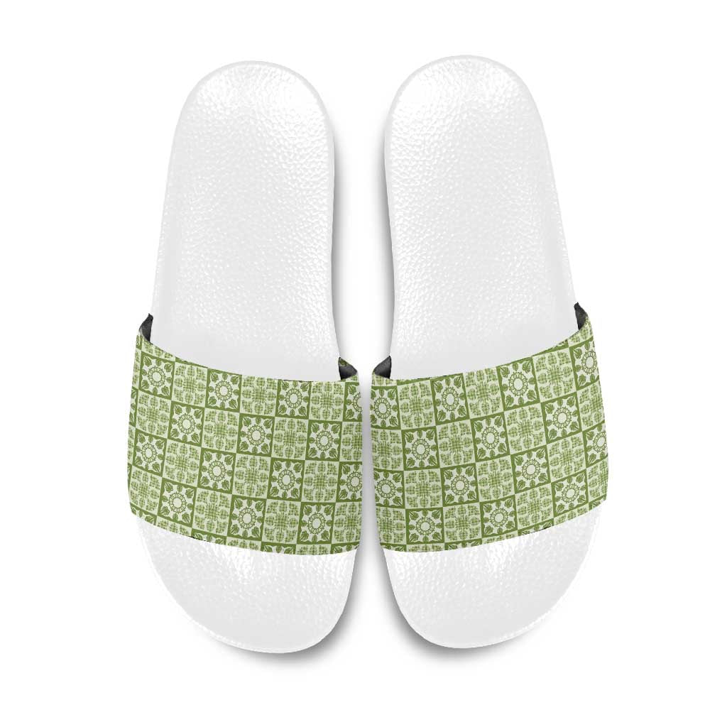 Omaomao Palaka Quilt Hawaii Slide Sandals Hawaiian Tropical Monstera Sea Turtle LT14 Green - Polynesian Pride