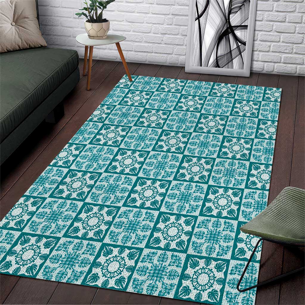 Cyan Palaka Quilt Hawaii Area Rug Hawaiian Tropical Monstera Sea Turtle