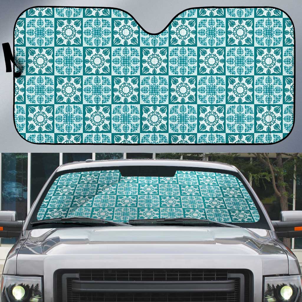 Cyan Palaka Quilt Hawaii Auto Sun Shade Hawaiian Tropical Monstera Sea Turtle
