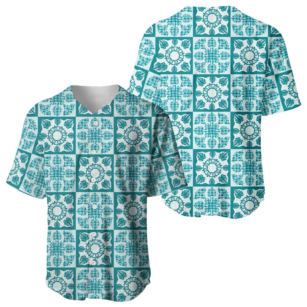 Cyan Palaka Quilt Hawaii Baseball Jersey Hawaiian Tropical Monstera Sea Turtle LT14 - Polynesian Pride