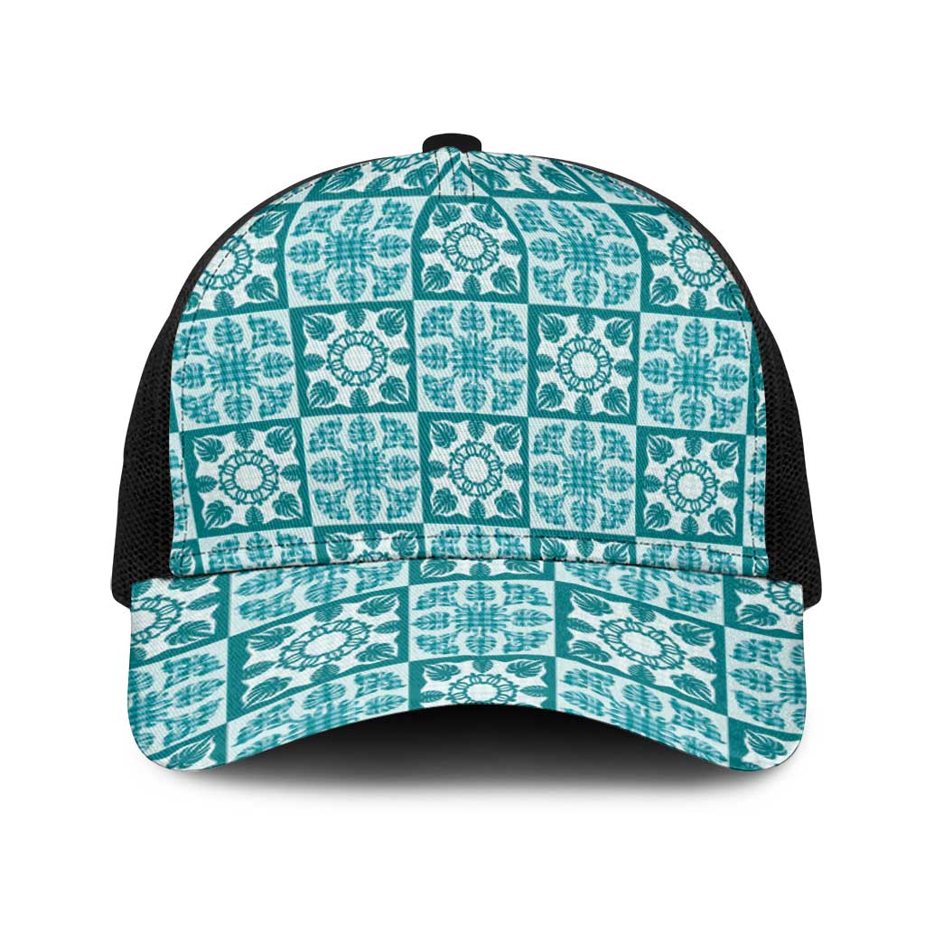 Cyan Palaka Quilt Hawaii Baseball Net Cap Hawaiian Tropical Monstera Sea Turtle LT14 One Size Black Cyan - Polynesian Pride