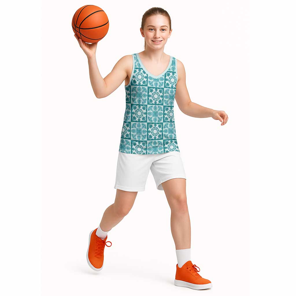 Cyan Palaka Quilt Hawaii Basketball Jersey Hawaiian Tropical Monstera Sea Turtle LT14 - Polynesian Pride