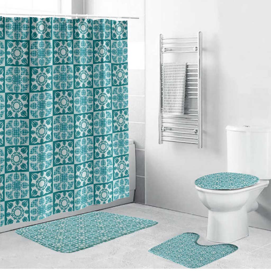 Cyan Palaka Quilt Hawaii Bathroom Set Hawaiian Tropical Monstera Sea Turtle