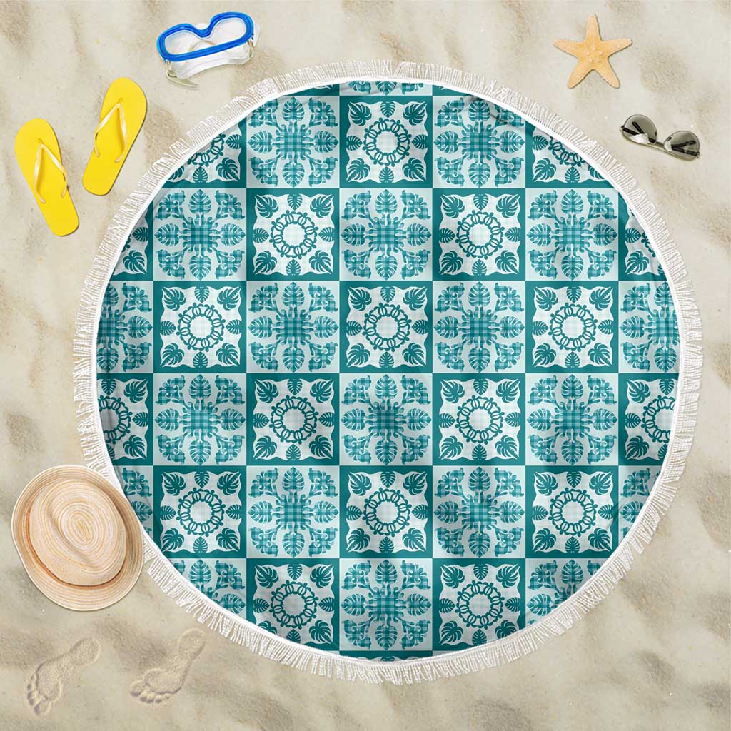 Cyan Palaka Quilt Hawaii Beach Blanket Hawaiian Tropical Monstera Sea Turtle