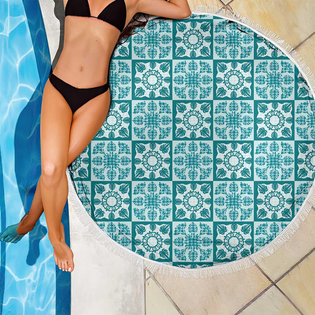 Cyan Palaka Quilt Hawaii Beach Blanket Hawaiian Tropical Monstera Sea Turtle