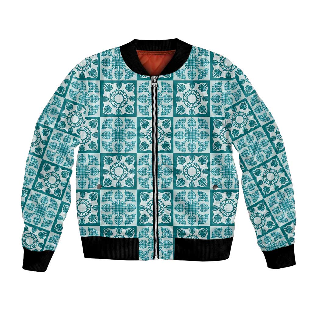 Cyan Palaka Quilt Hawaii Bomber Jacket Hawaiian Tropical Monstera Sea Turtle