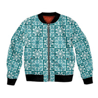 Cyan Palaka Quilt Hawaii Bomber Jacket Hawaiian Tropical Monstera Sea Turtle