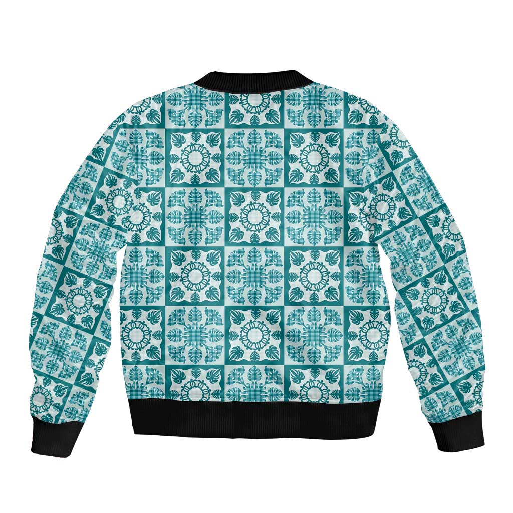 Cyan Palaka Quilt Hawaii Bomber Jacket Hawaiian Tropical Monstera Sea Turtle