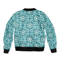 Cyan Palaka Quilt Hawaii Bomber Jacket Hawaiian Tropical Monstera Sea Turtle