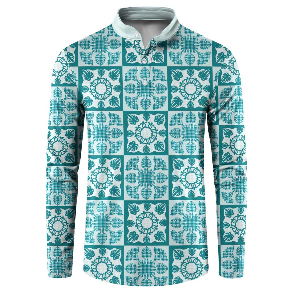 Cyan Palaka Quilt Hawaii Button Sweatshirt Hawaiian Tropical Monstera Sea Turtle