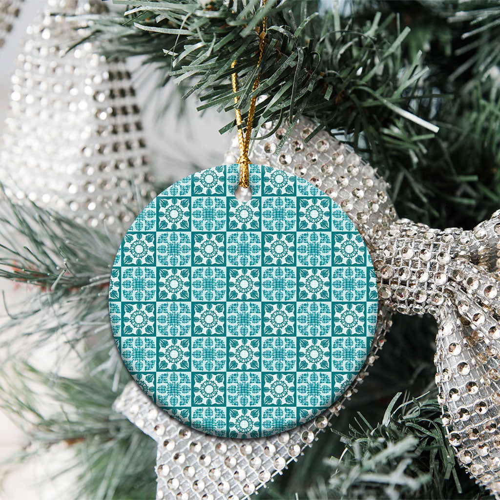 Cyan Palaka Quilt Hawaii Ceramic Ornament Hawaiian Tropical Monstera Sea Turtle