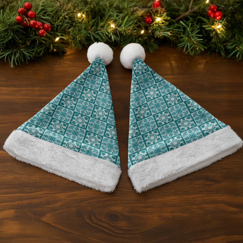 Cyan Palaka Quilt Hawaii Christmas Santa Hat Hawaiian Tropical Monstera Sea Turtle