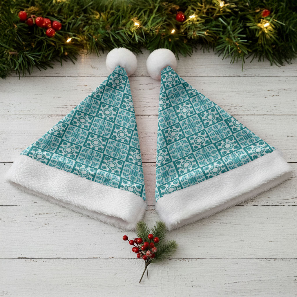 Cyan Palaka Quilt Hawaii Christmas Santa Hat Hawaiian Tropical Monstera Sea Turtle