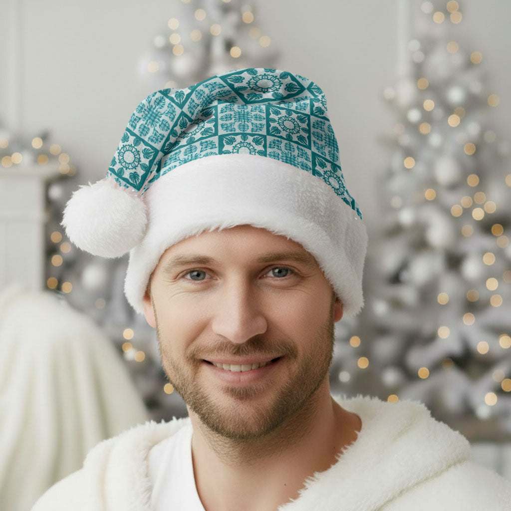 Cyan Palaka Quilt Hawaii Christmas Santa Hat Hawaiian Tropical Monstera Sea Turtle