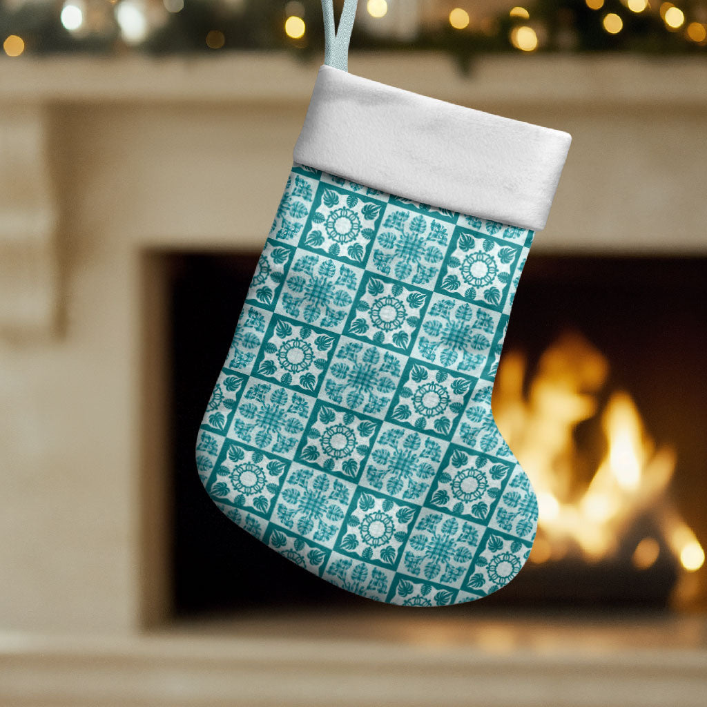 Cyan Palaka Quilt Hawaii Christmas Stocking Hawaiian Tropical Monstera Sea Turtle