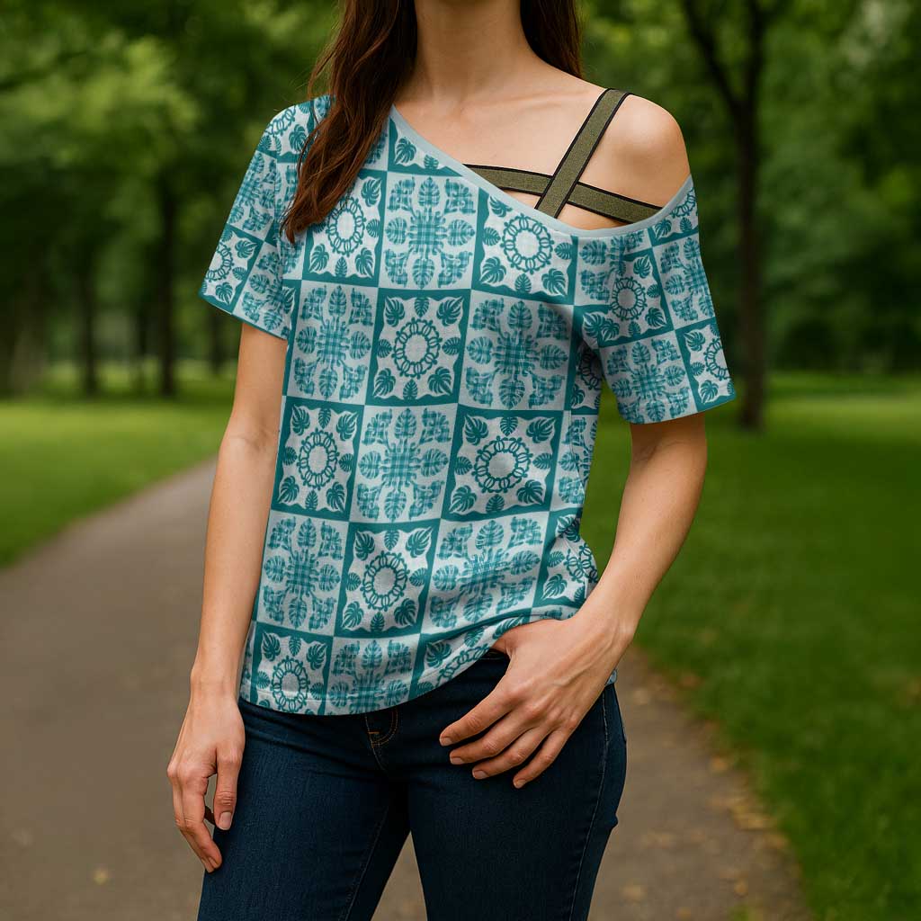 Cyan Palaka Quilt Hawaii Cross Shoulder Shirt Hawaiian Tropical Monstera Sea Turtle LT14 - Polynesian Pride