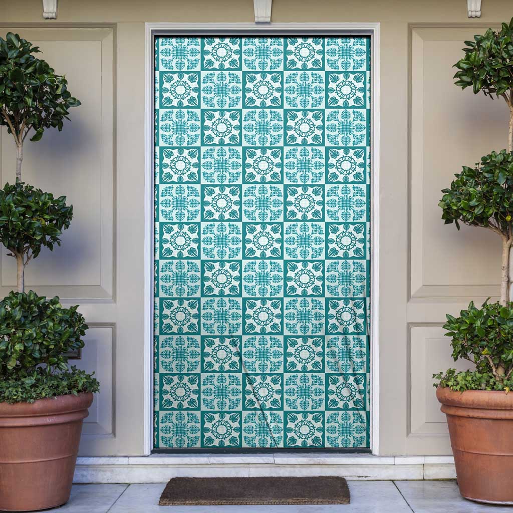 Cyan Palaka Quilt Hawaii Door Cover Hawaiian Tropical Monstera Sea Turtle