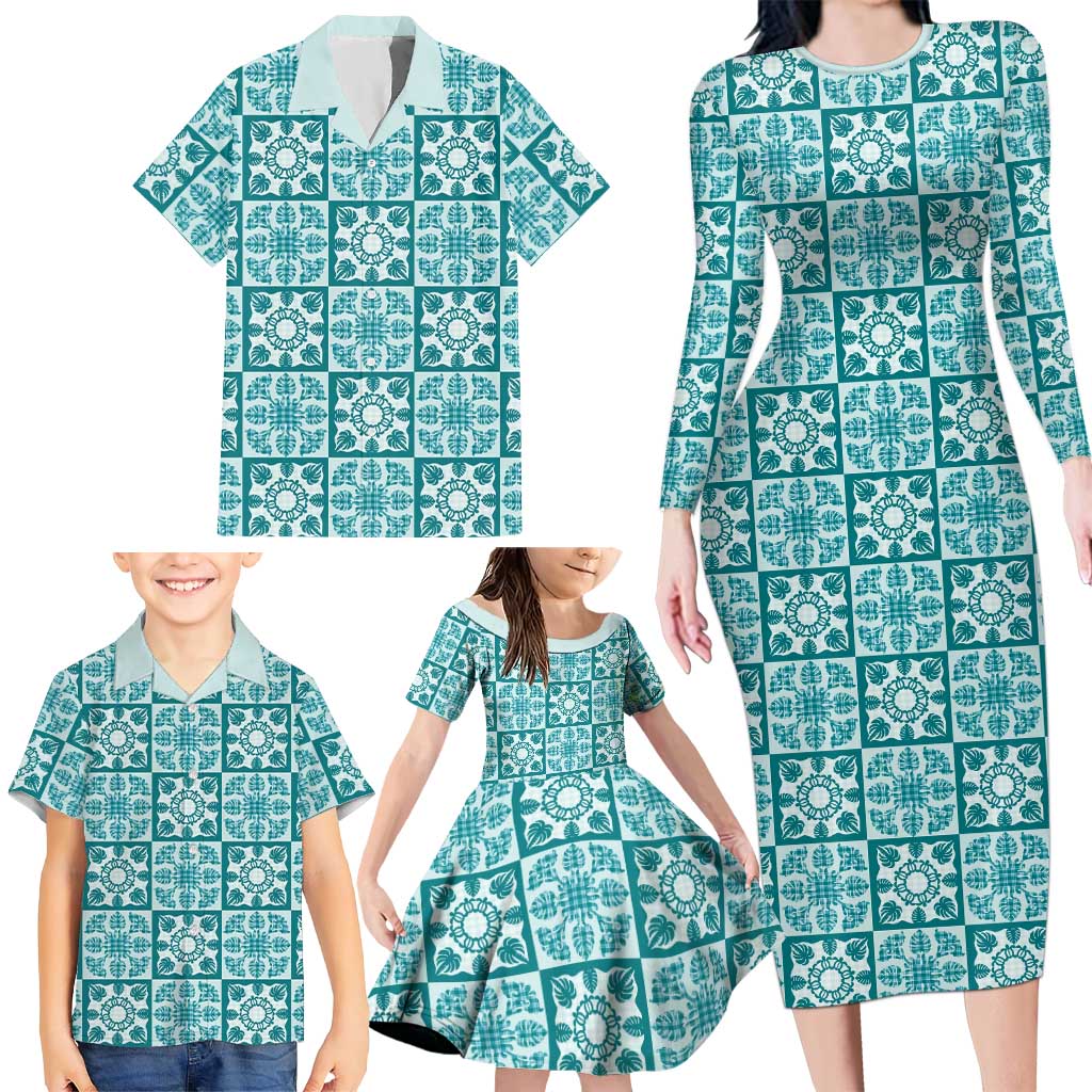 Cyan Palaka Quilt Hawaii Family Matching Long Sleeve Bodycon Dress and Hawaiian Shirt Hawaiian Tropical Monstera Sea Turtle
