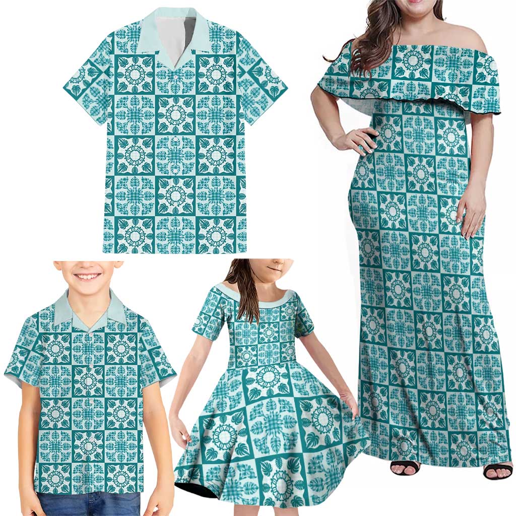 Cyan Palaka Quilt Hawaii Family Matching Off Shoulder Maxi Dress and Hawaiian Shirt Hawaiian Tropical Monstera Sea Turtle