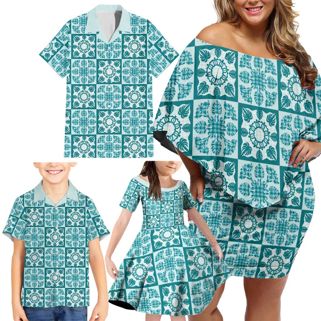 Cyan Palaka Quilt Hawaii Family Matching Off Shoulder Short Dress and Hawaiian Shirt Hawaiian Tropical Monstera Sea Turtle