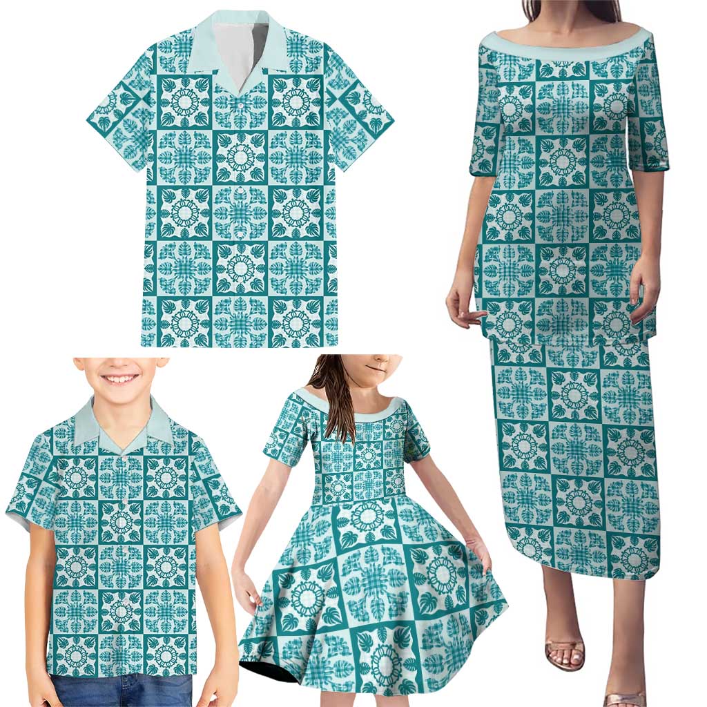 Cyan Palaka Quilt Hawaii Family Matching Puletasi and Hawaiian Shirt Hawaiian Tropical Monstera Sea Turtle