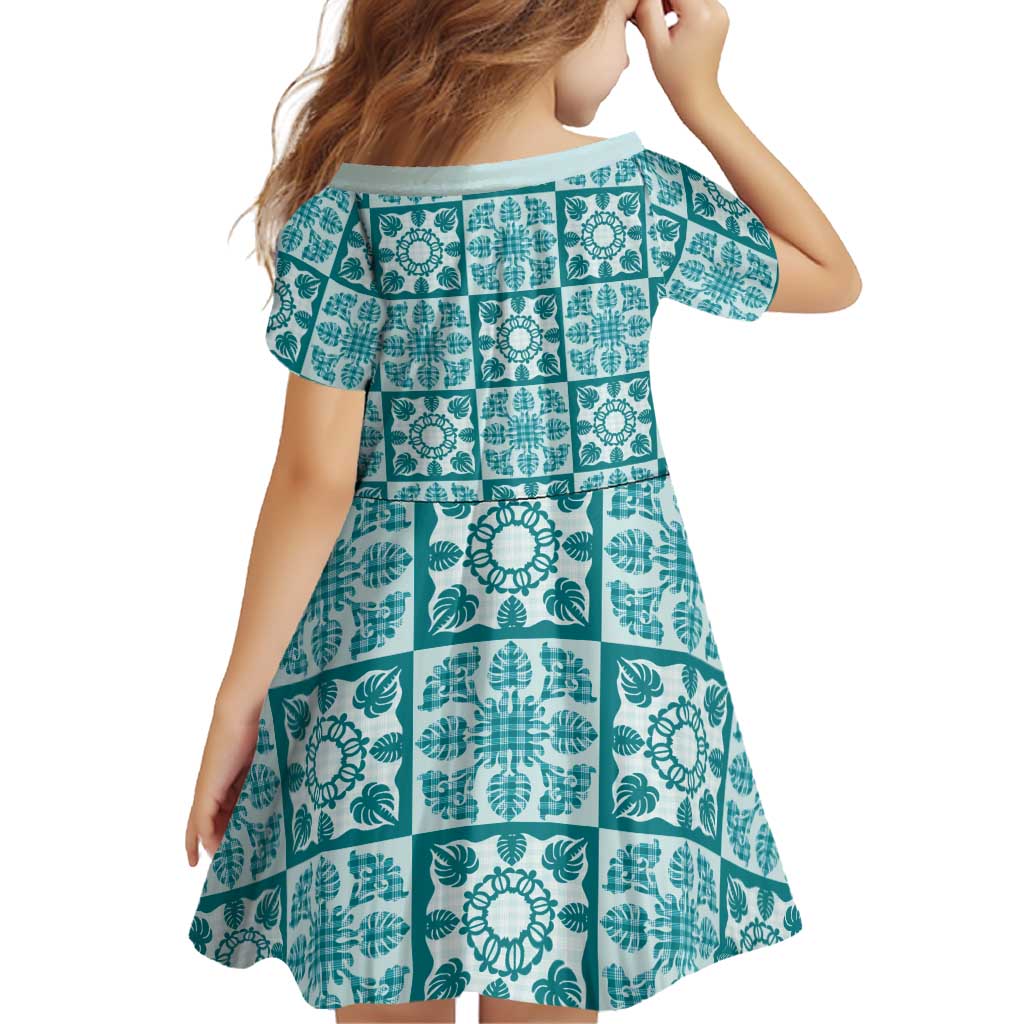 Cyan Palaka Quilt Hawaii Family Matching Short Sleeve Bodycon Dress and Hawaiian Shirt Hawaiian Tropical Monstera Sea Turtle
