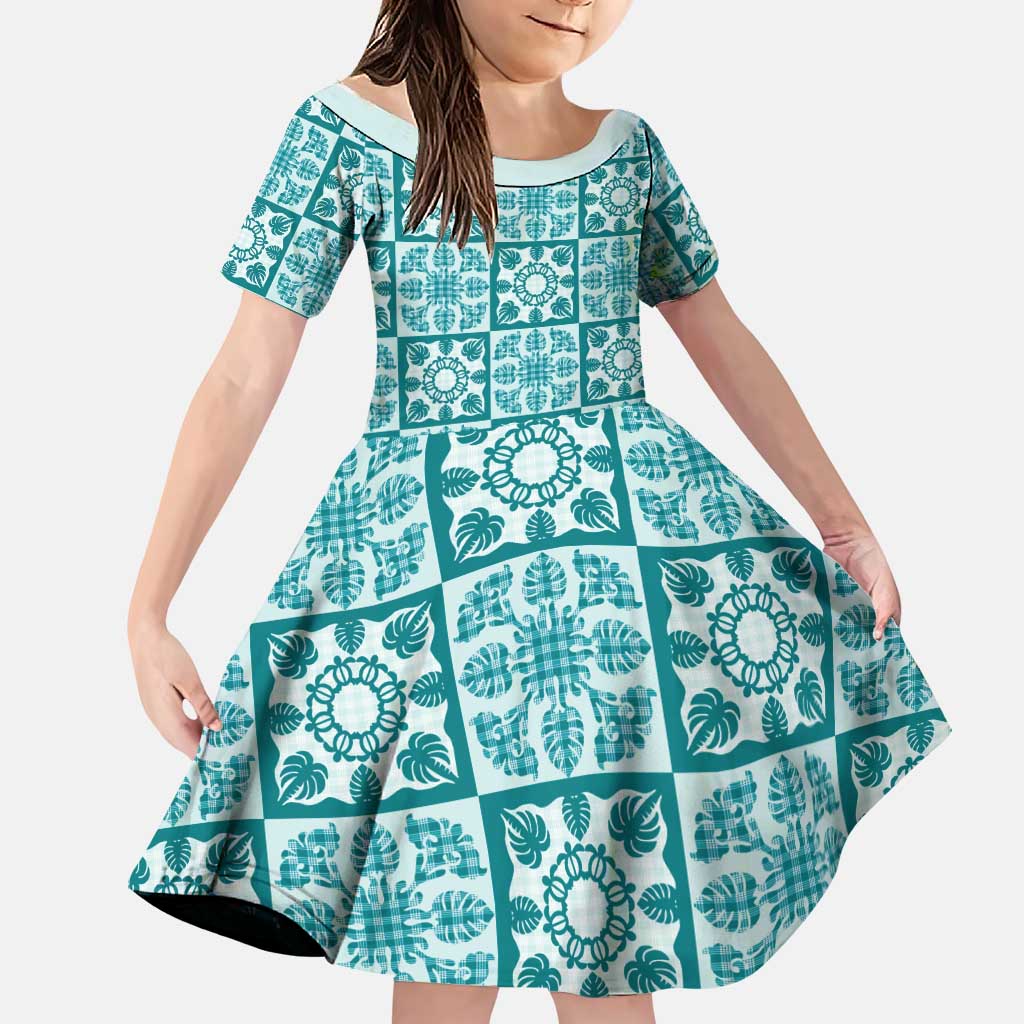 Cyan Palaka Quilt Hawaii Family Matching Summer Maxi Dress and Hawaiian Shirt Hawaiian Tropical Monstera Sea Turtle