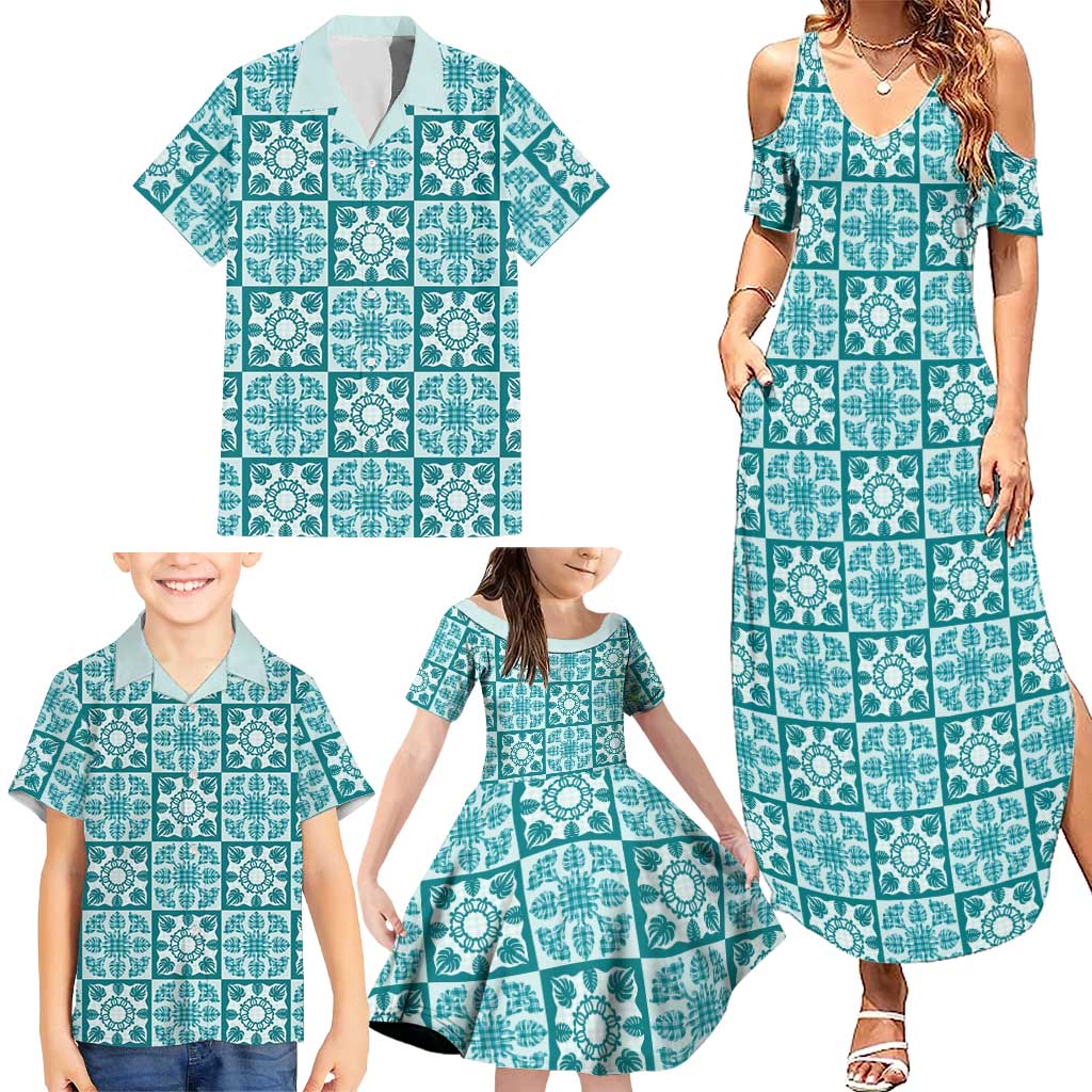 Cyan Palaka Quilt Hawaii Family Matching Summer Maxi Dress and Hawaiian Shirt Hawaiian Tropical Monstera Sea Turtle