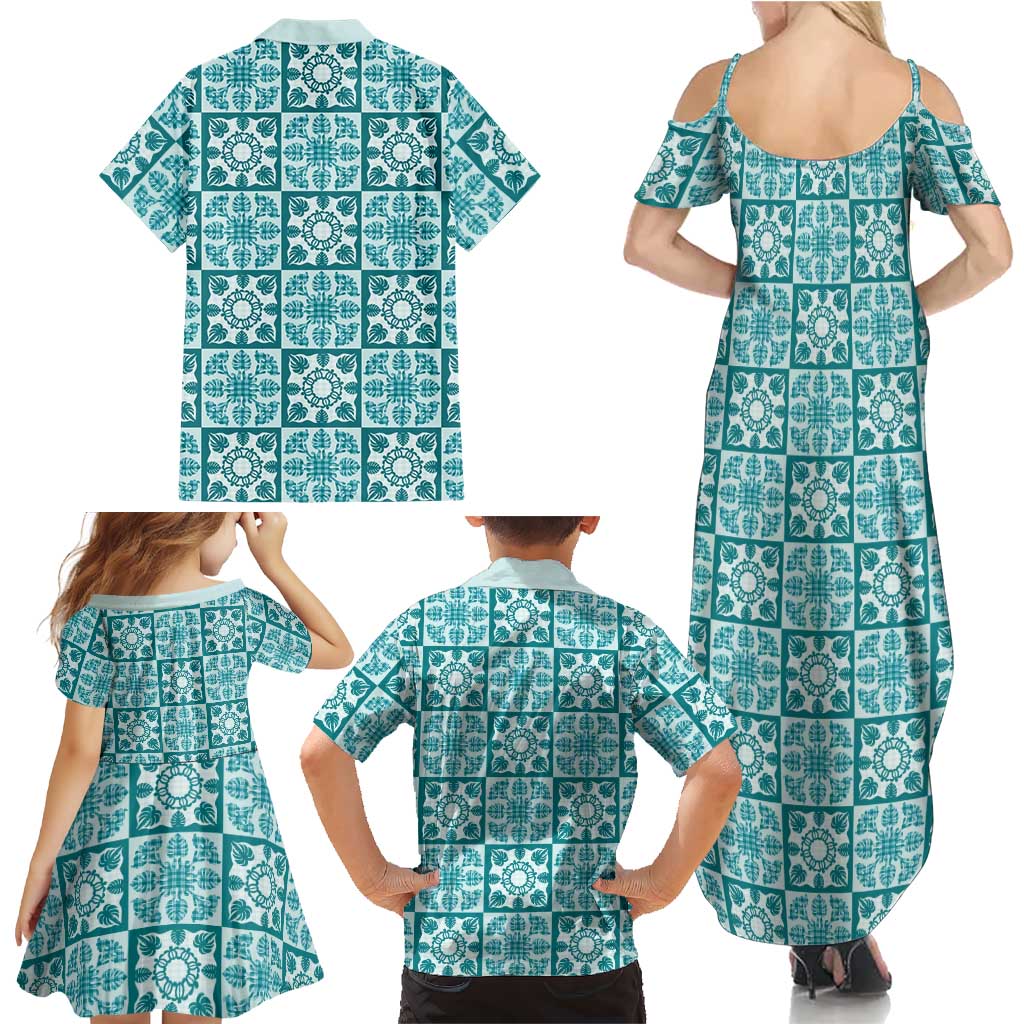 Cyan Palaka Quilt Hawaii Family Matching Summer Maxi Dress and Hawaiian Shirt Hawaiian Tropical Monstera Sea Turtle