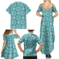 Cyan Palaka Quilt Hawaii Family Matching Summer Maxi Dress and Hawaiian Shirt Hawaiian Tropical Monstera Sea Turtle