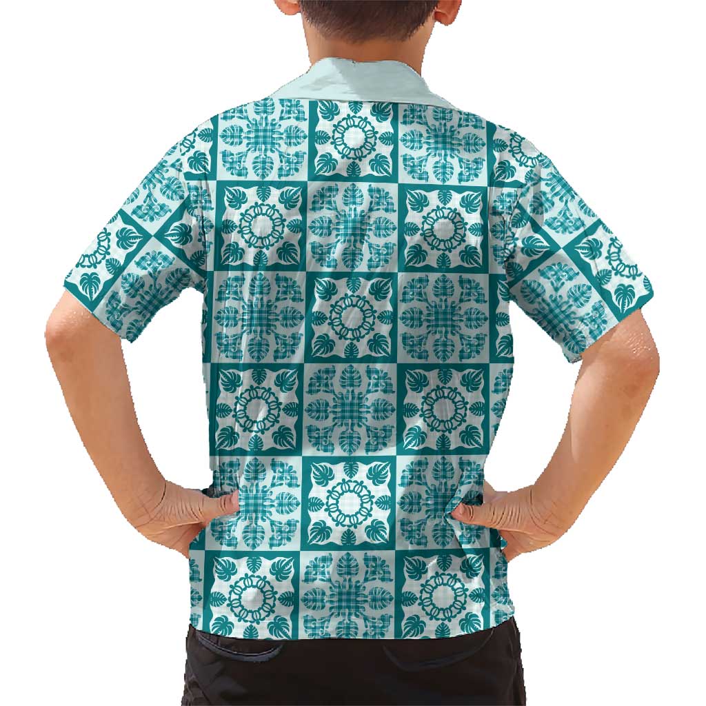 Cyan Palaka Quilt Hawaii Family Matching Tank Maxi Dress and Hawaiian Shirt Hawaiian Tropical Monstera Sea Turtle