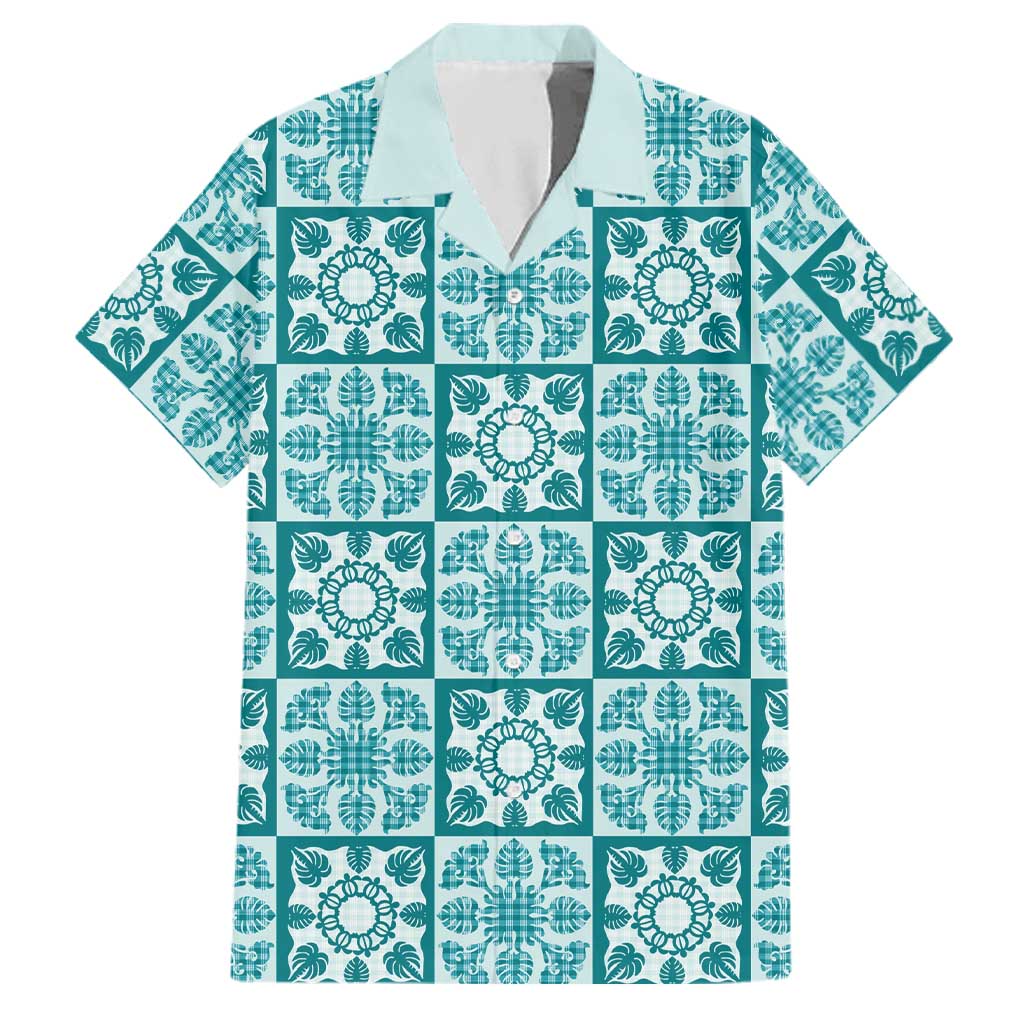 Cyan Palaka Quilt Hawaii Family Matching Tank Maxi Dress and Hawaiian Shirt Hawaiian Tropical Monstera Sea Turtle