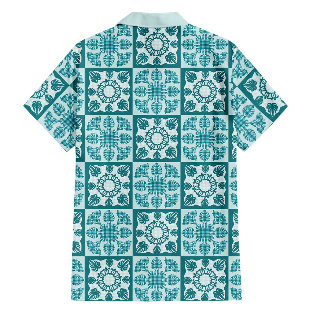 Cyan Palaka Quilt Hawaii Family Matching Tank Maxi Dress and Hawaiian Shirt Hawaiian Tropical Monstera Sea Turtle