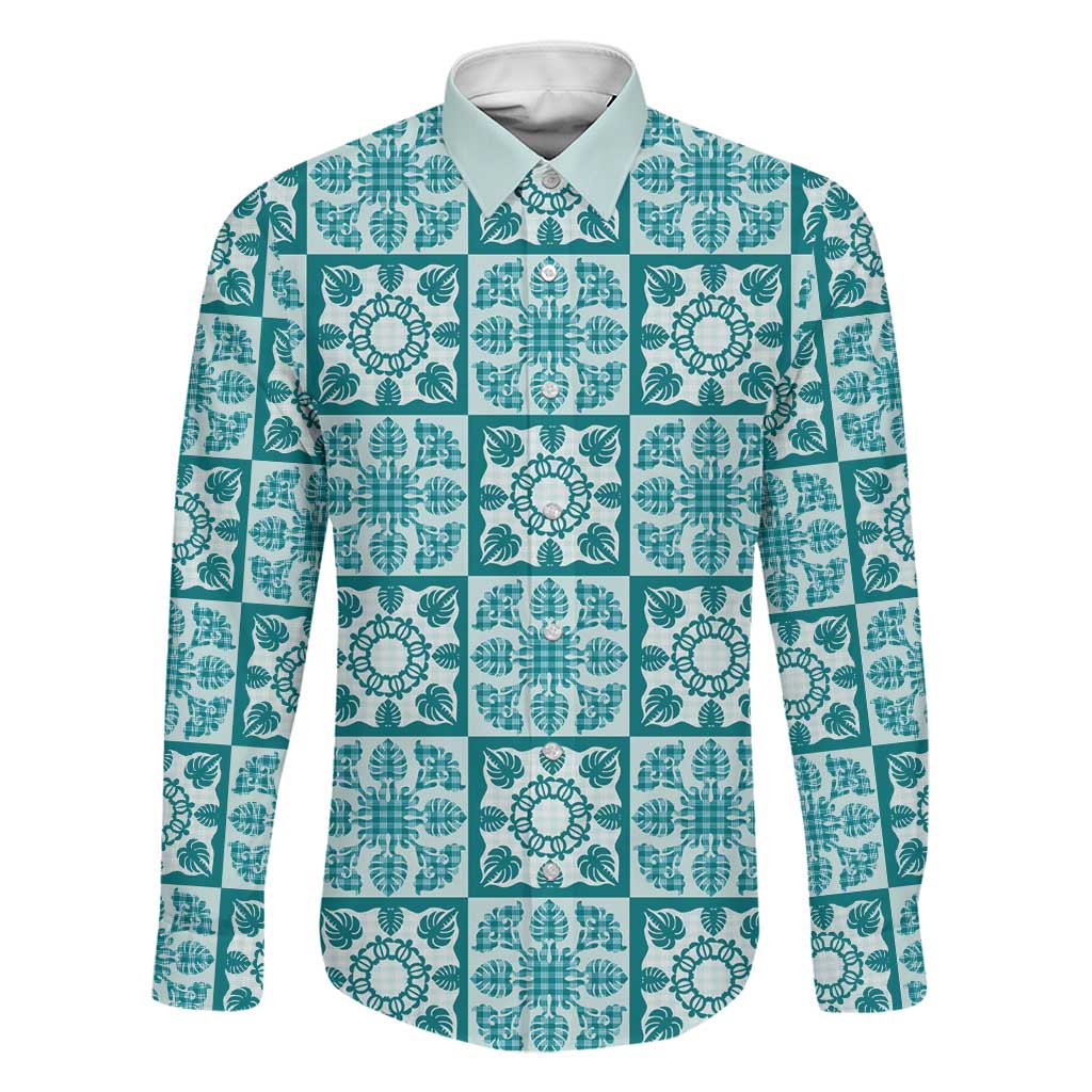 Cyan Palaka Quilt Hawaii Family Matching Tank Maxi Dress and Hawaiian Shirt Hawaiian Tropical Monstera Sea Turtle